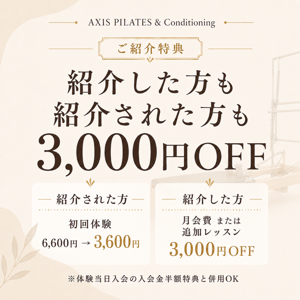 AXIS PILATES & Conditioningのご紹介特典。紹介した方も紹介された方も3,000円OFF。