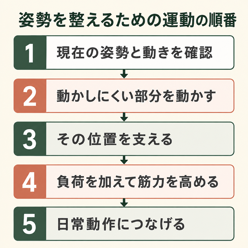 姿勢と動きの確認から、動かす・支える・筋力を高める・日常動作につなげるまでの順番を示した図解