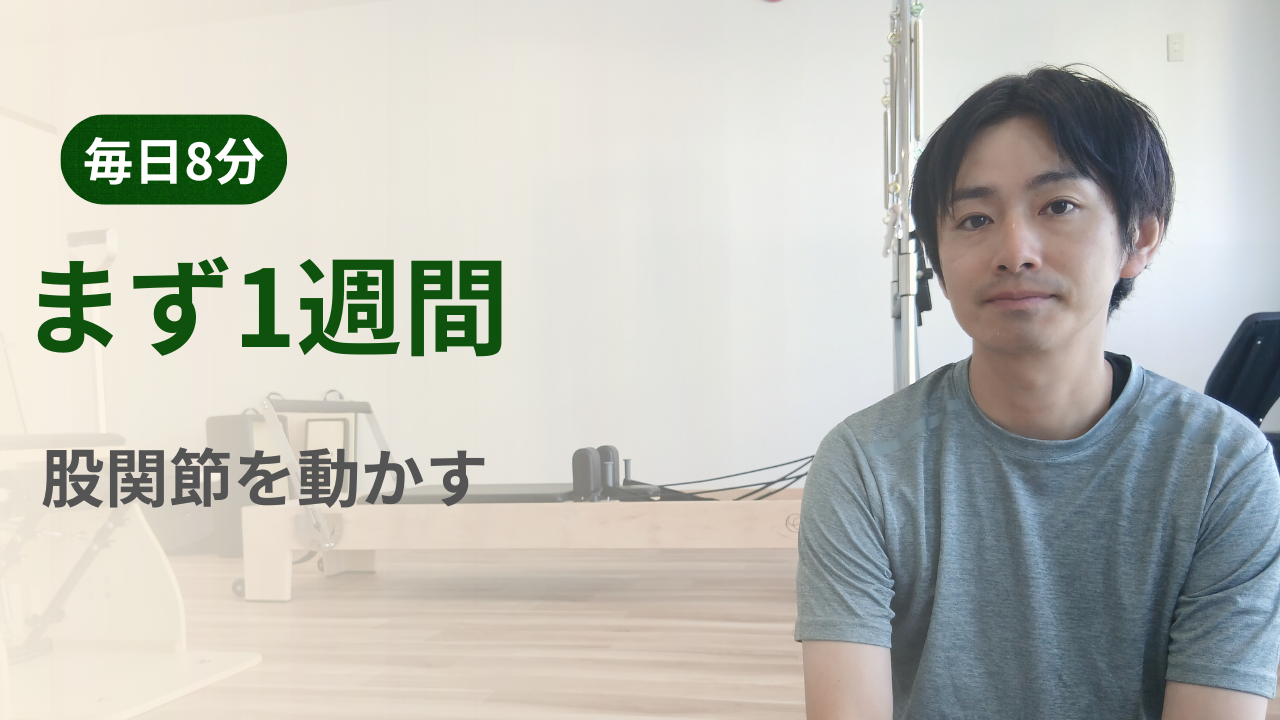 トレーナーの上半身の横に「毎日8分・まず1週間・股関節を動かす」と書かれた動画サムネイル