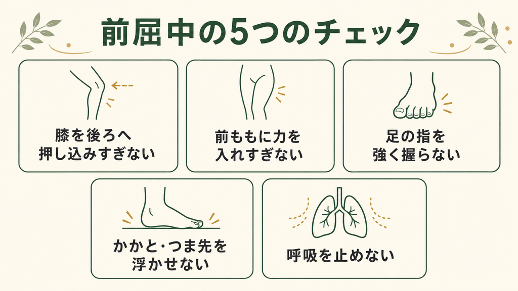 前屈中の5つのチェック。膝を後ろへ押し込みすぎない、前ももに力を入れすぎない、足の指を強く握らない、かかと・つま先を浮かせない、呼吸を止めない。