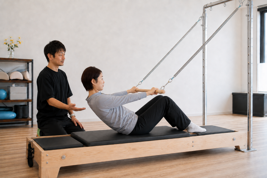 スプリング付きの木製バーを両手で持ち、トレーナーの指導を受けながらロールダウンを行う女性