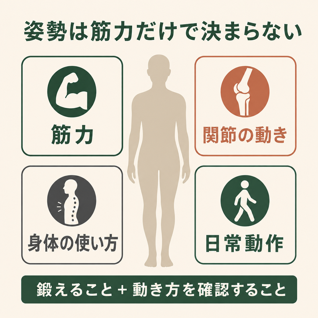 姿勢は筋力だけでなく、関節の動き・身体の使い方・日常動作も関係することを示した図解