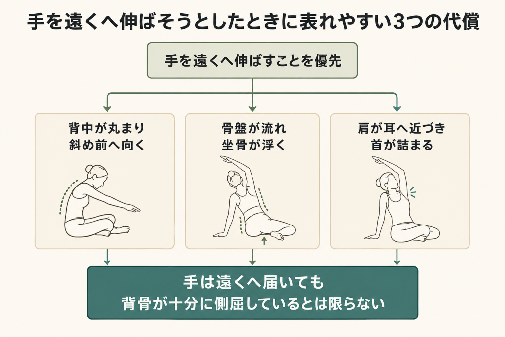 手を遠くへ伸ばすことを優先すると、背中が丸まる、骨盤が流れて坐骨が浮く、肩が耳へ近づいて首が詰まるという3つの代償が表れ、手が届く距離ほど背骨が側屈しているとは限らないことを示す図解