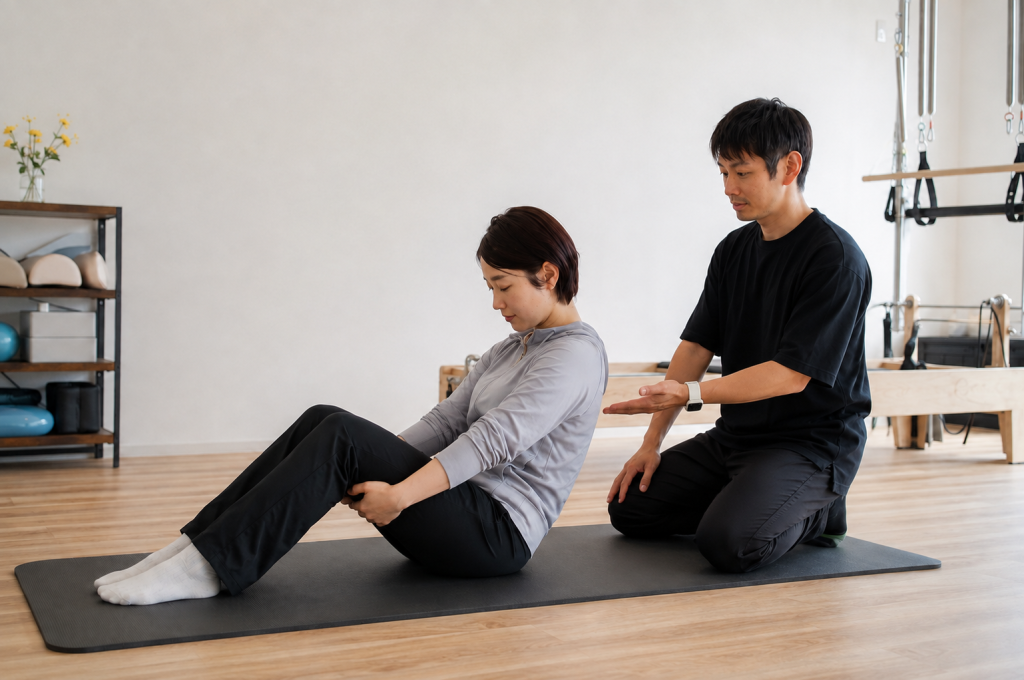 腿の裏を持ち、トレーナーの指導を受けながらロールダウンを行う様子