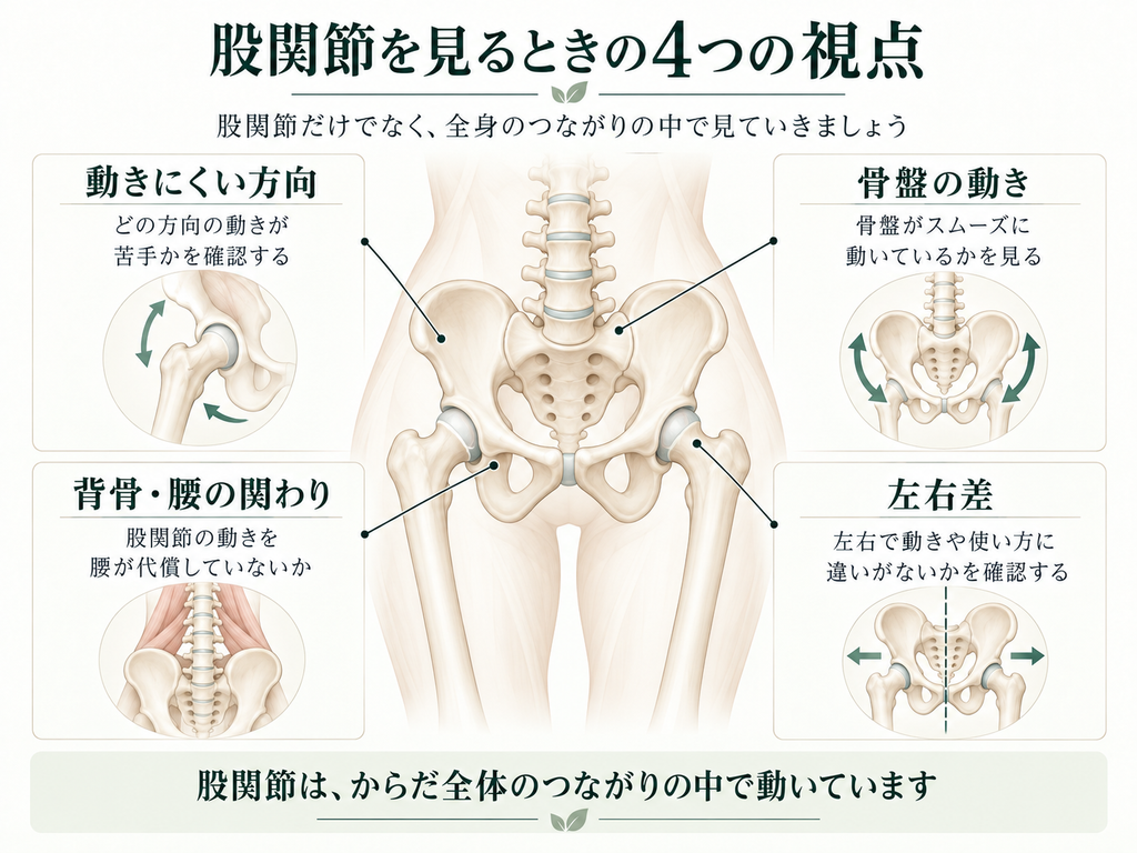 股関節を見るときに確認したい、動きにくい方向・骨盤の動き・背骨や腰の関わり・左右差の4つを示した図。