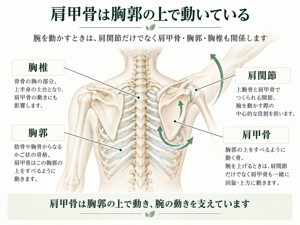 肩甲骨が胸郭の上で動き、腕を上げるときに肩関節・胸椎・胸郭と連動することを示した図。