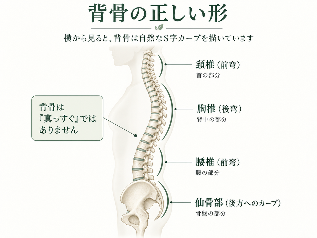 横から見た背骨の自然なS字カーブを示した図。頸椎は前弯、胸椎は後弯、腰椎は前弯、仙骨部は後方へのカーブを示している。