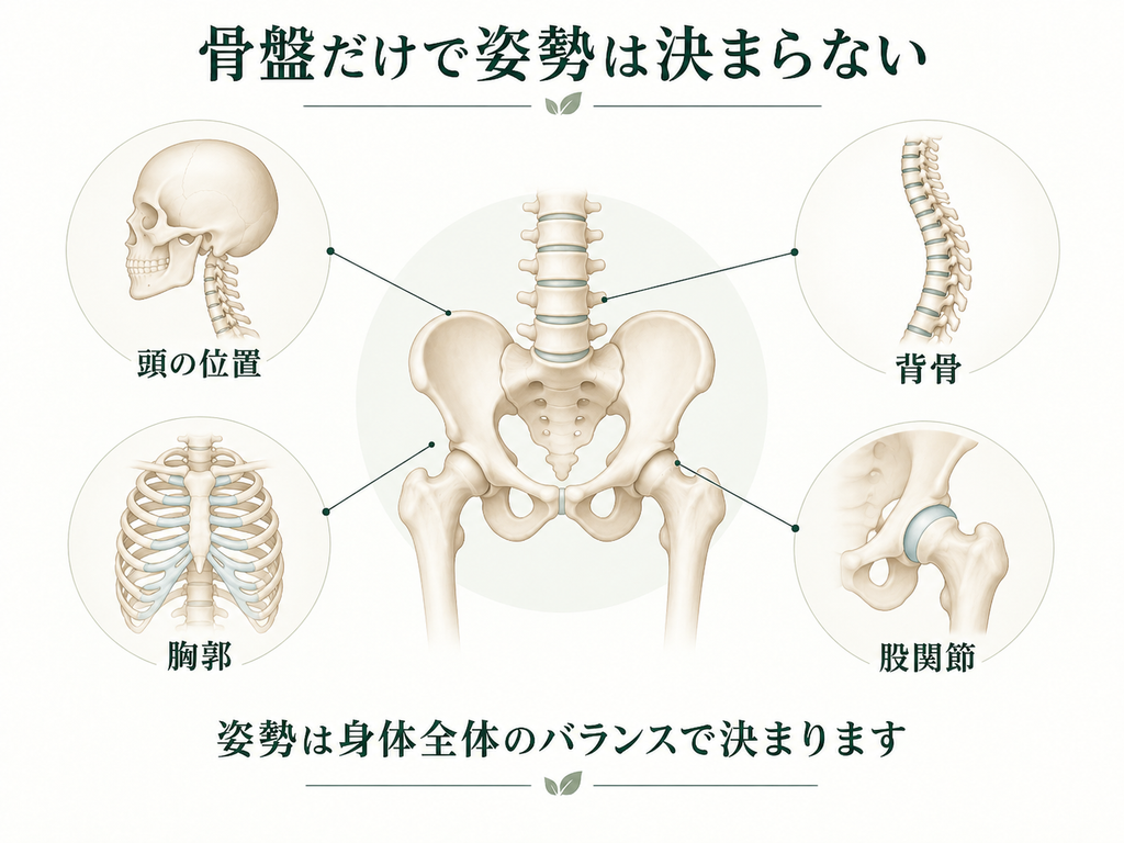 姿勢は骨盤だけでなく、背骨・胸郭・股関節・頭の位置など身体全体のバランスで決まることを示した図。