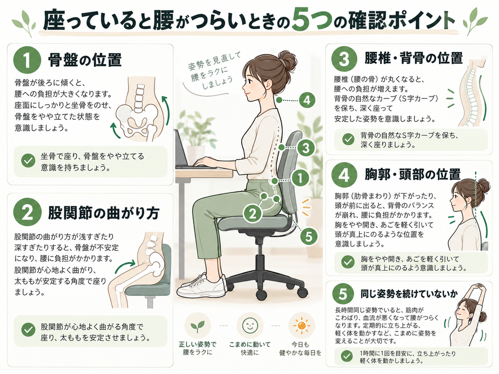 座っていると腰がつらいときに確認したい、骨盤の位置・股関節の曲がり方・腰椎と背骨の位置・胸郭と頭部の位置・同じ姿勢を続けていないかの5つを示した図。